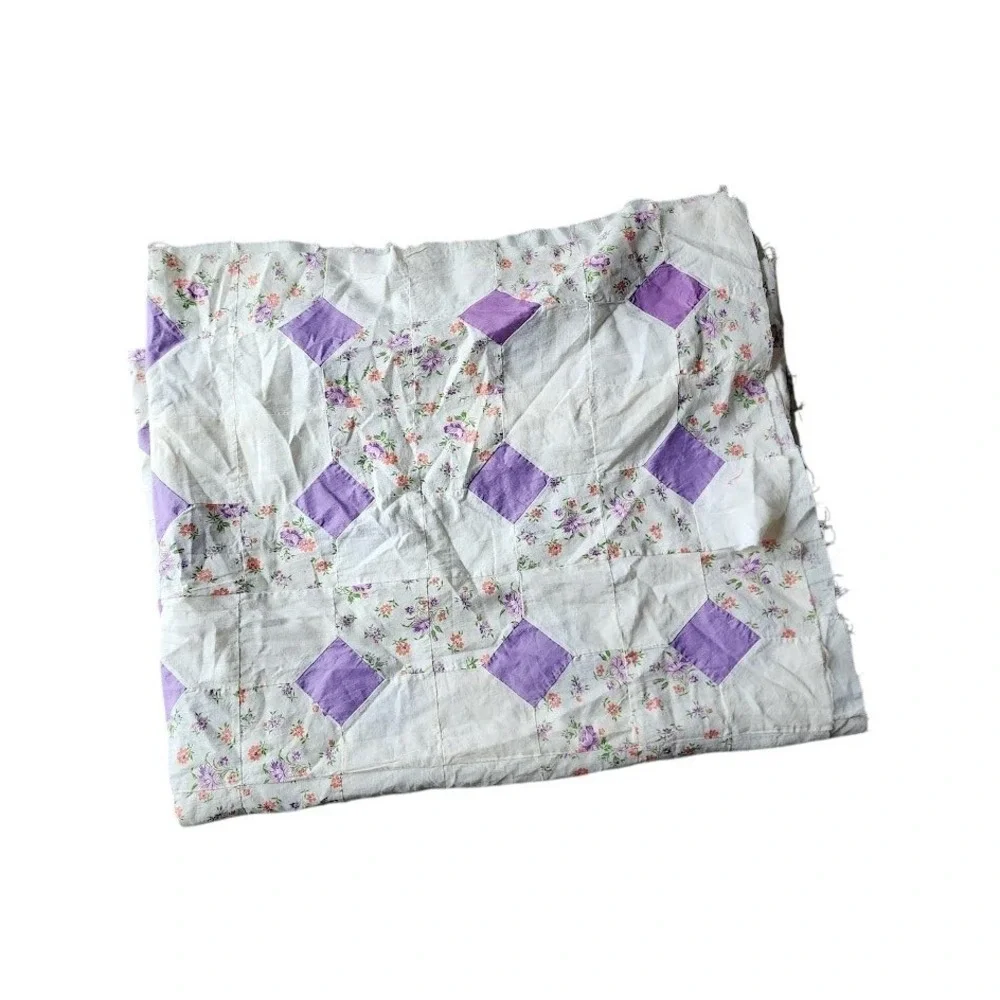 VINTAGE Handmade Patchwork Quilt Top Unfinished Purple Bow Tie Floral 38x92